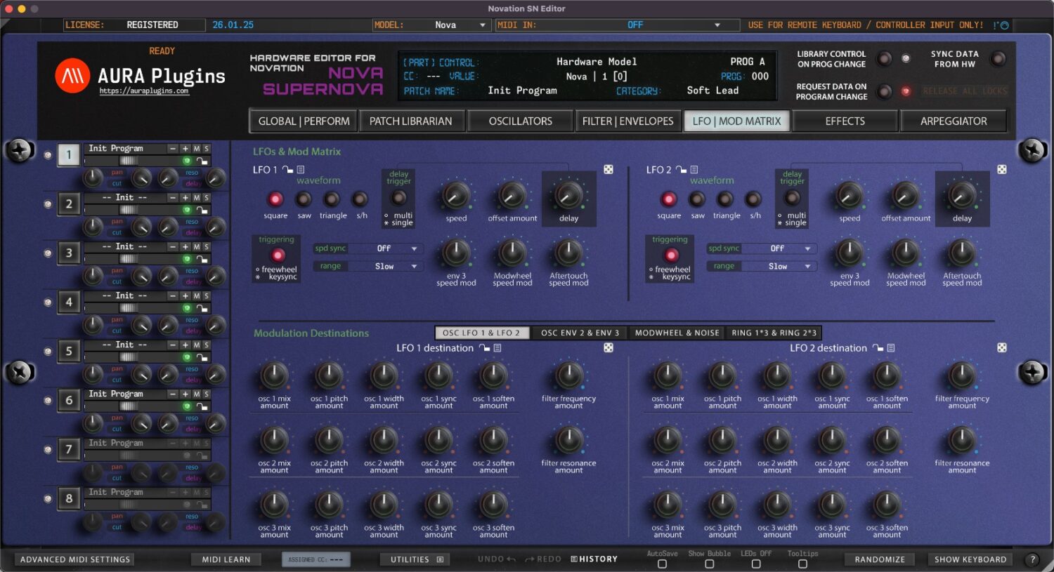 novation sn editor lfos & mod matrix