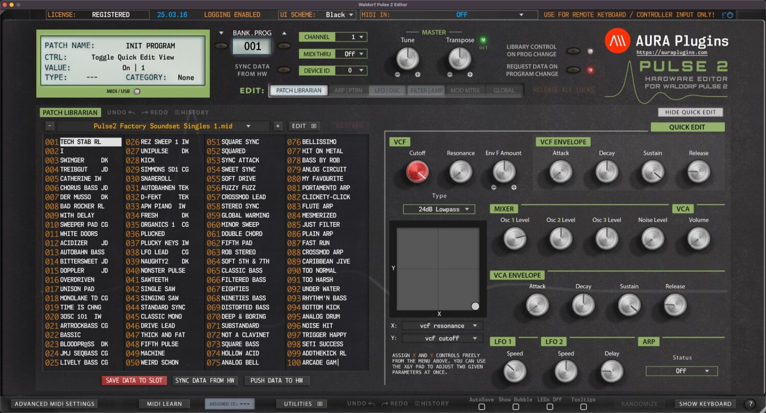 Waldorf Pulse 2 Patch Librarian with Quick Edit view