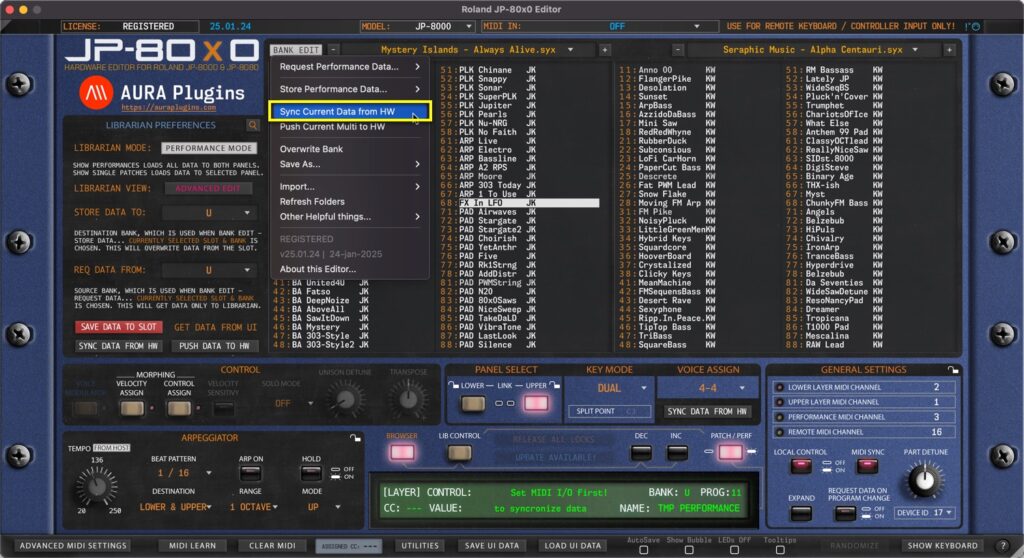 Roland JP-80×0 Editor – Sync Current Data from HW