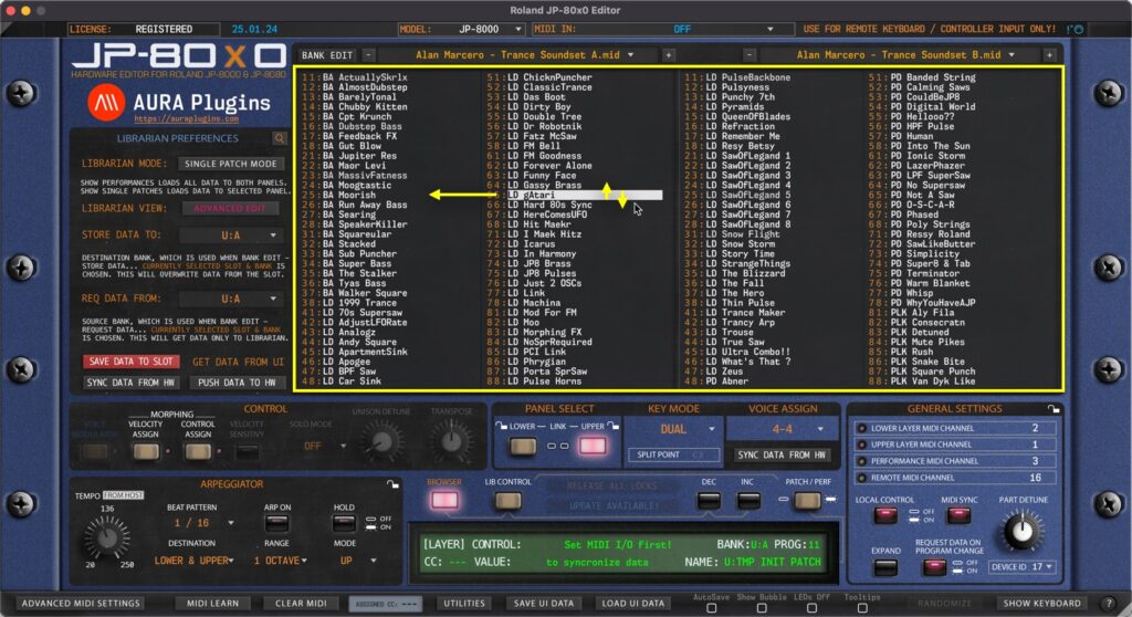 roland jp-80x0 editor librarian arrow keys