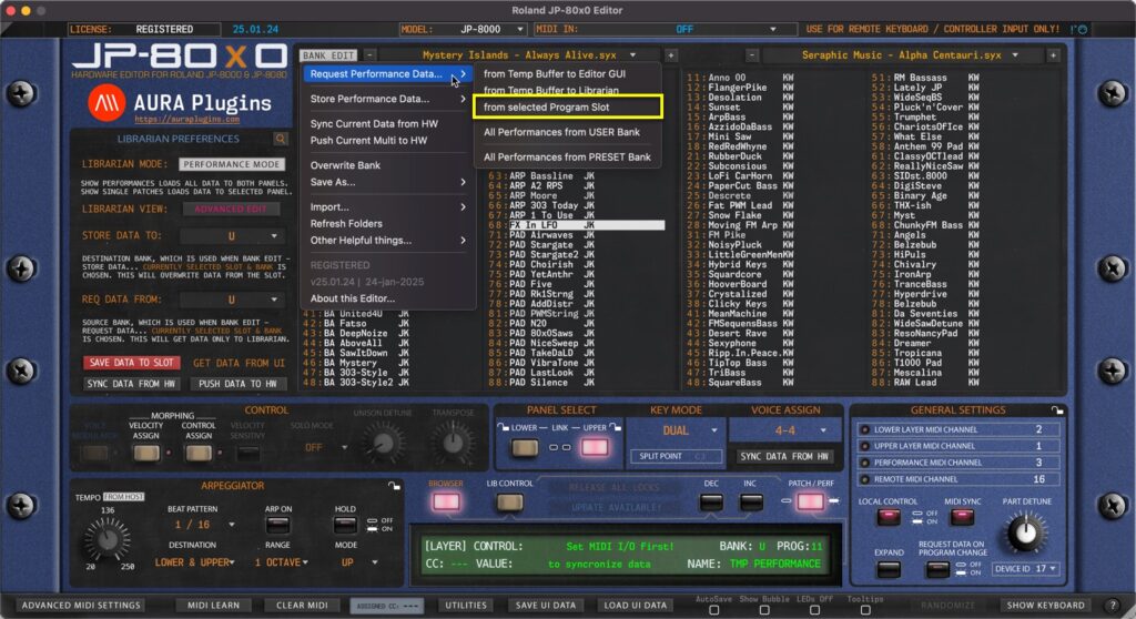 roland jp-80x0 editor request performance from slot
