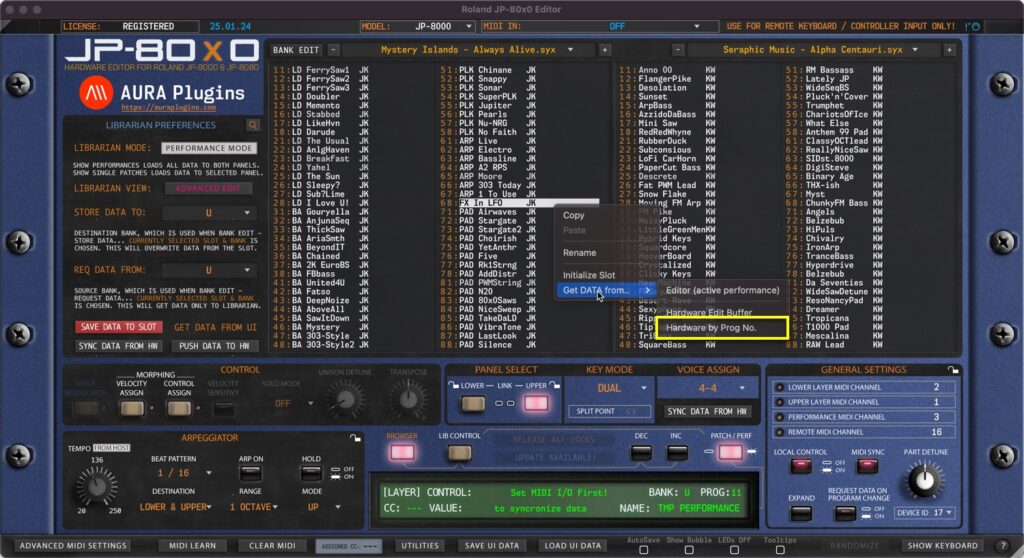 roland jp-80x0 editor request performance from slot via right click
