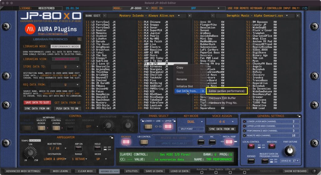 roland jp-80x0 editor request performance to librarian from editor