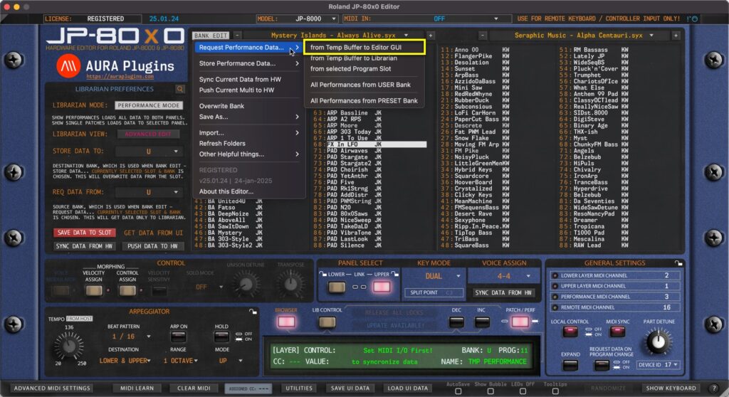 Roland JP-80×0 Editor – Request Performance Data from Hardware