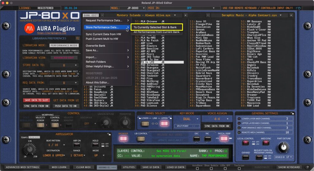 roland jp-80x0 editor store performance to slot and bank
