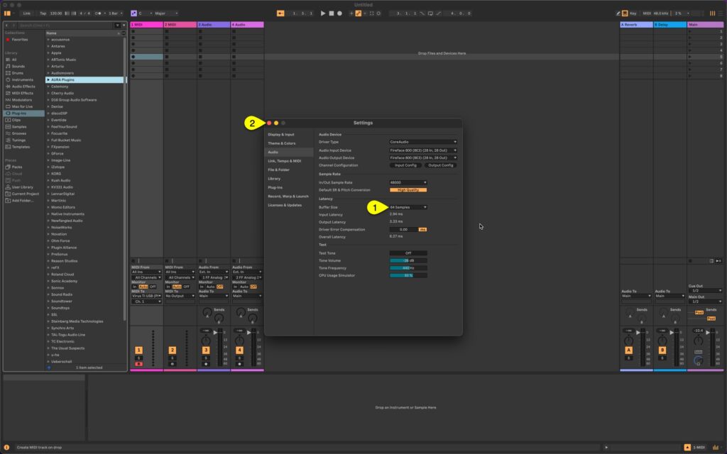 virus ti usb audio inject live buffer size