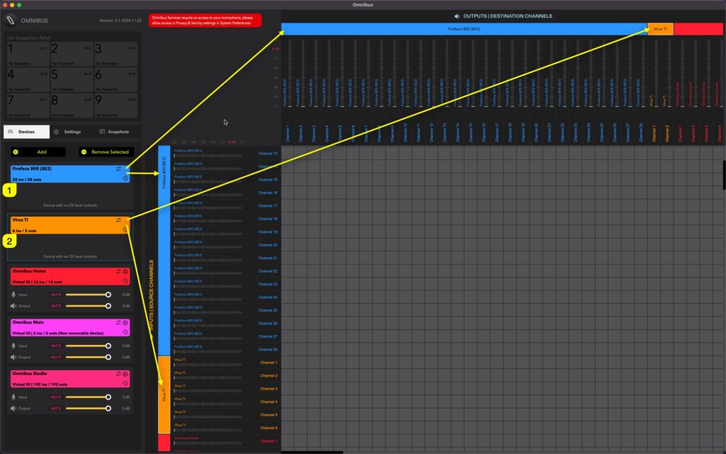 virus ti usb audio omnibus devices in matrix view