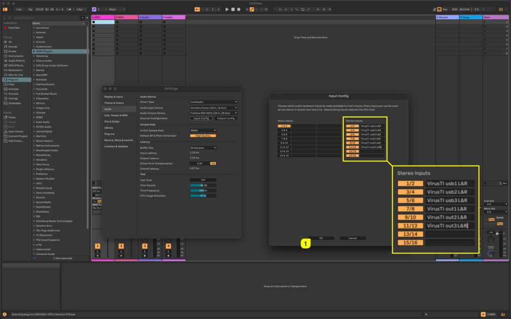 virus ti usb audio omnibus rename inputs