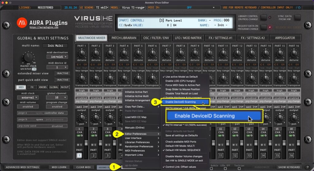 access virus editor application setup device id scan