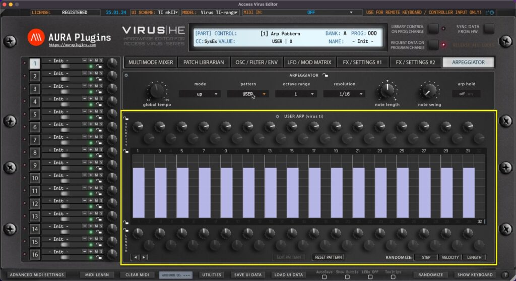 access virus editor arpeggiator tab