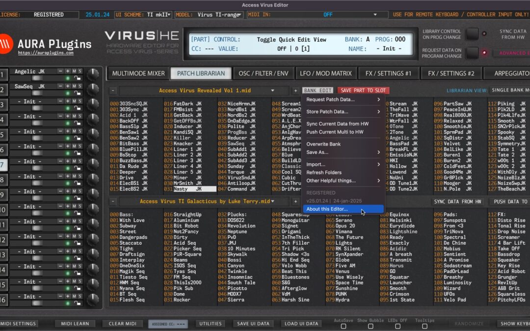 Access Virus Editor – Librarian Edit Menus