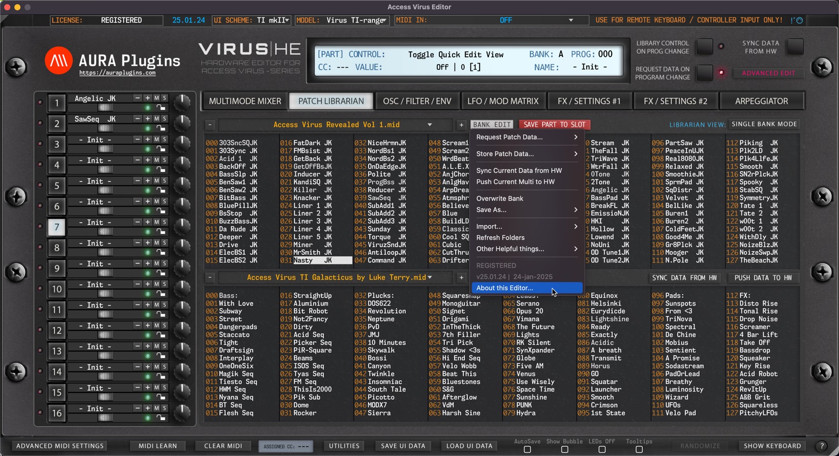 access virus editor librarian edit menus
