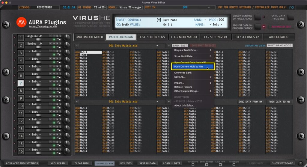 access virus editor push current data to hw