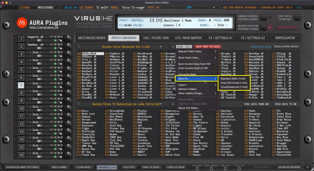 access virus editor saving banks - save as