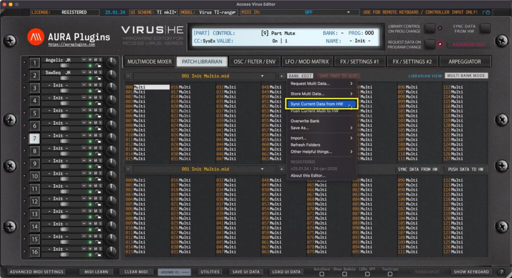 access virus editor sync current data from hw
