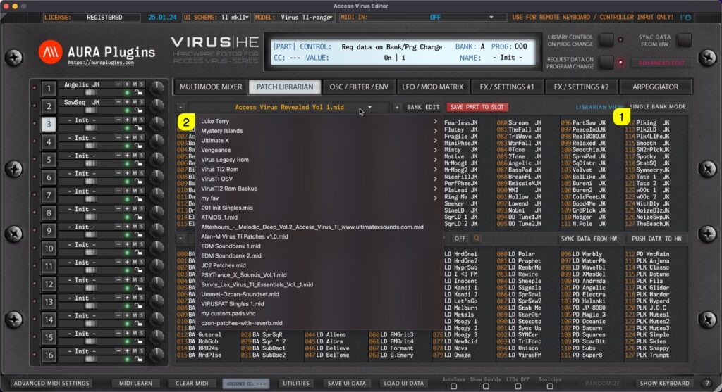 access virus editor browsing banks in single mode