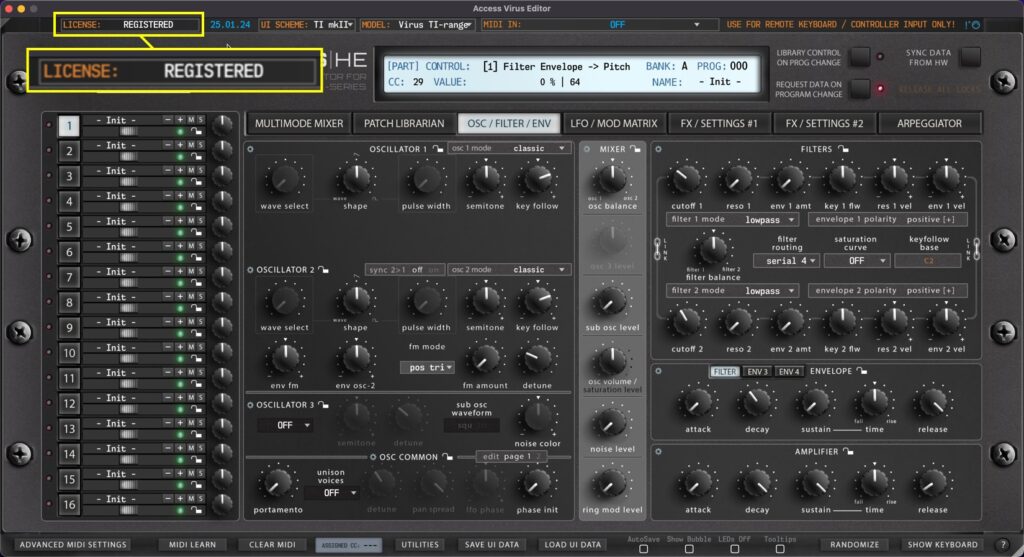 access virus editor license status top bar