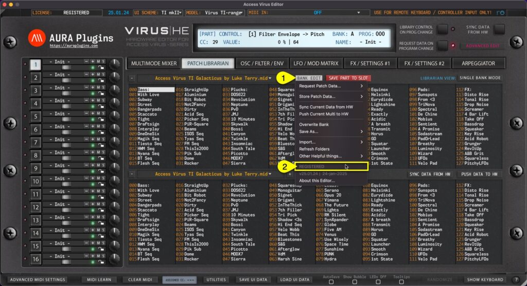 access virus editor license status bank edit menu