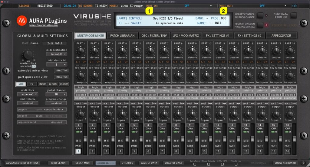 access virus editor plugin midi ports