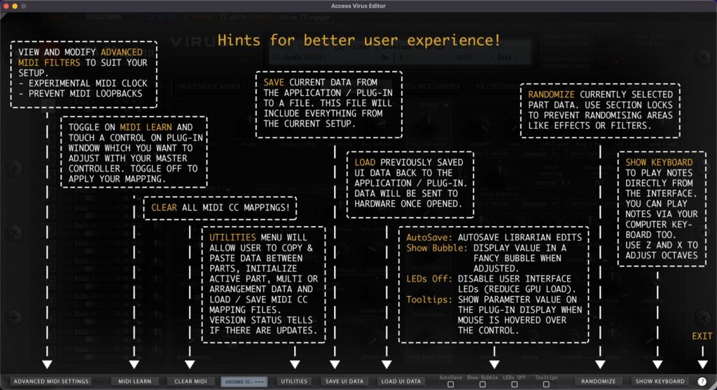 access virus editor quick help view