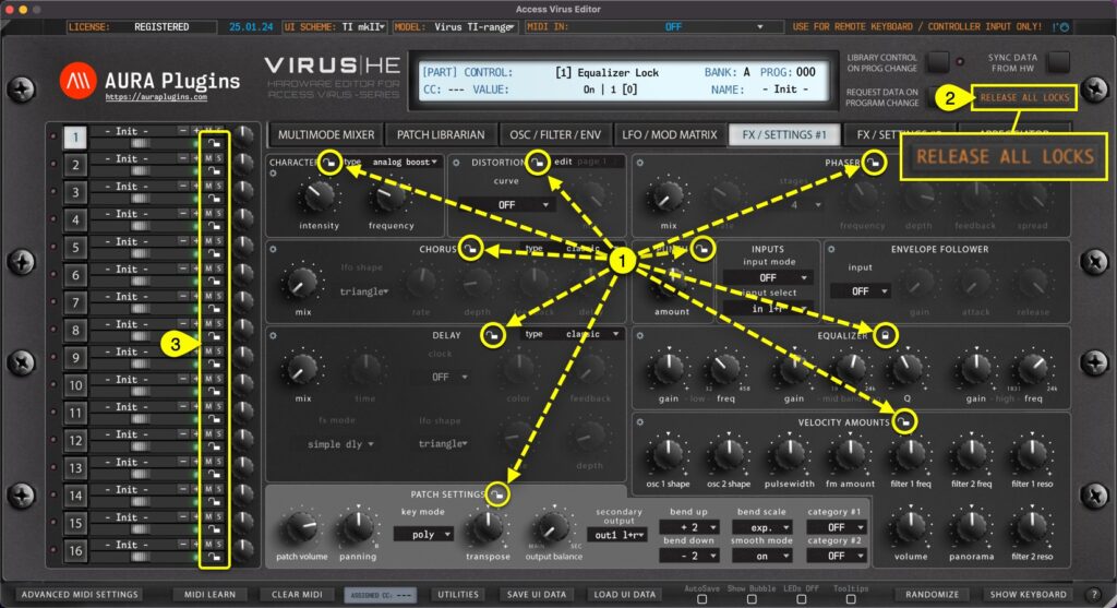 access virus editor section locks