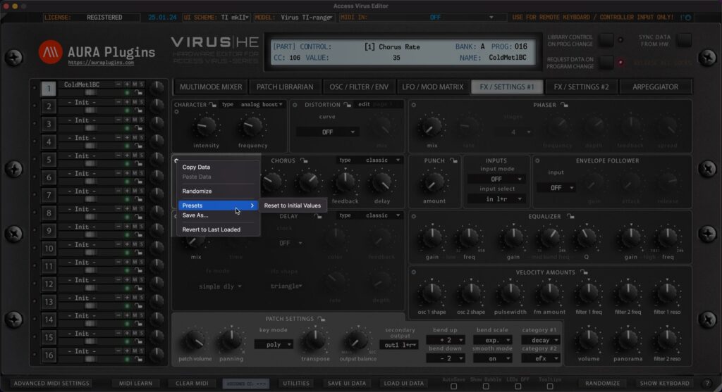 access virus editor section menus