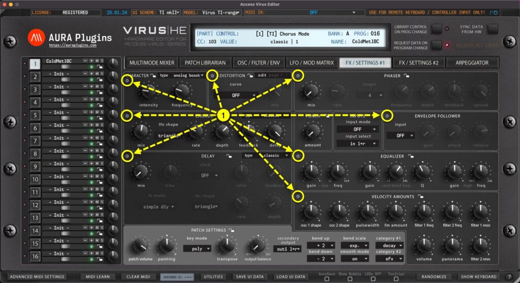 access virus editor section menu triggers