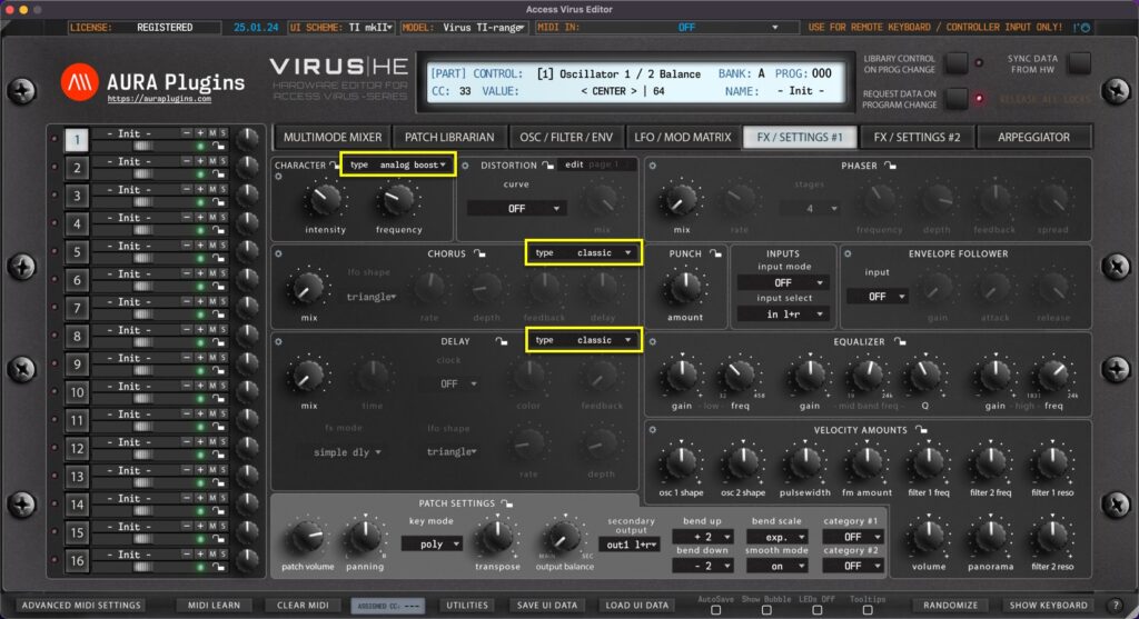 access virus editor effects 1 tab