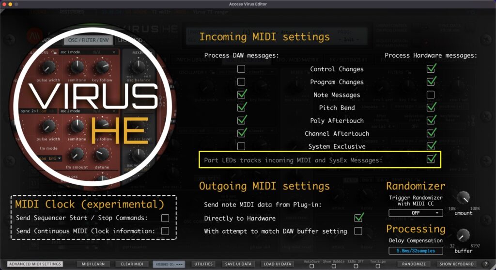 access virus editor how to disable editor leds - tracking settings