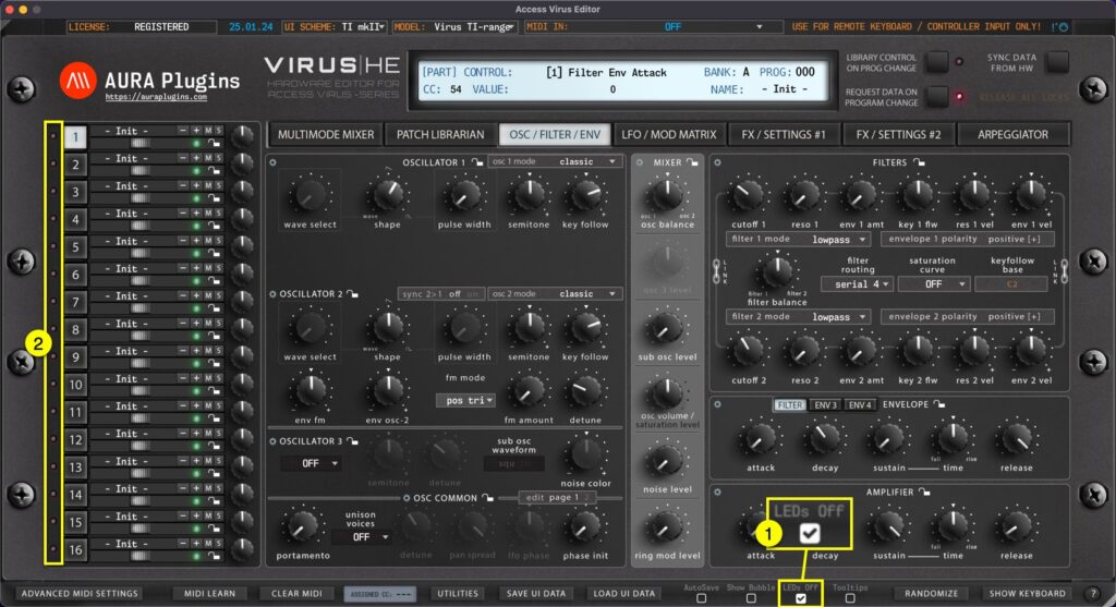 Access Virus Editor – How To Disable Editor LEDs