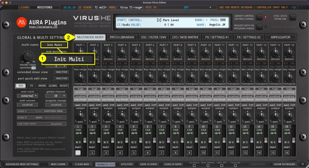 access virus editor how to view multi name