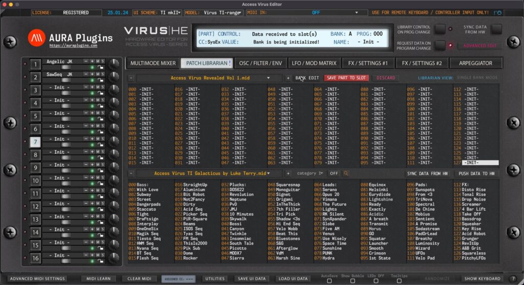 access virus editor other helpful things initialize bank