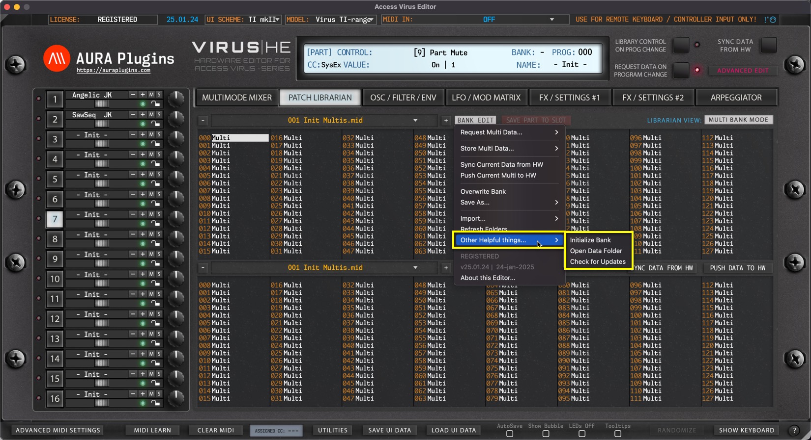 access virus editor other helpful things menu