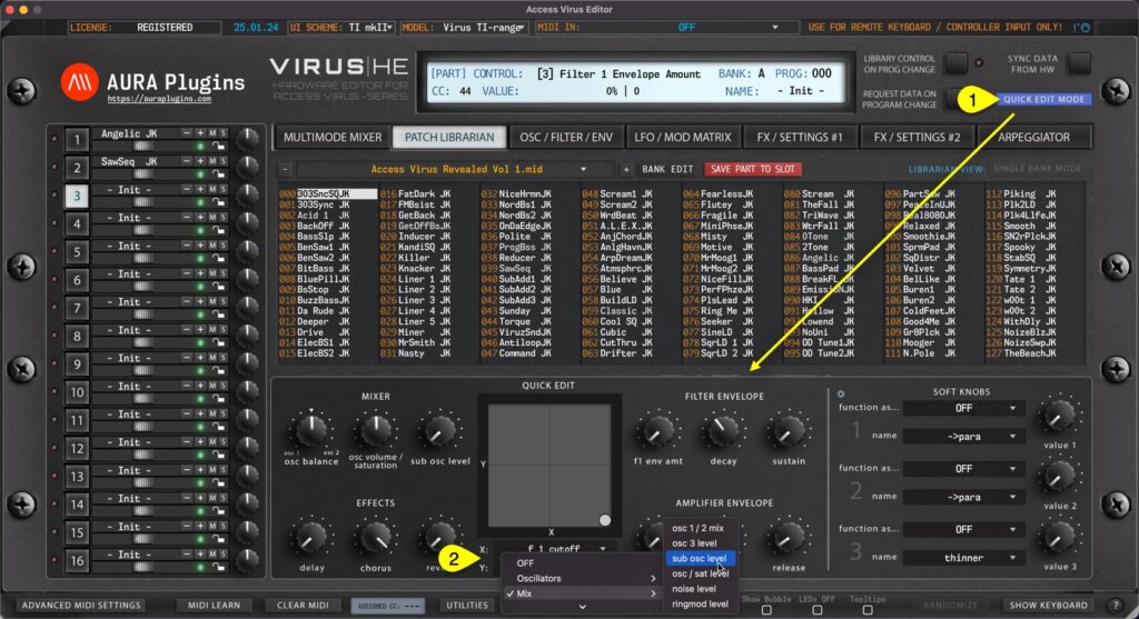 access virus editor quick edit view