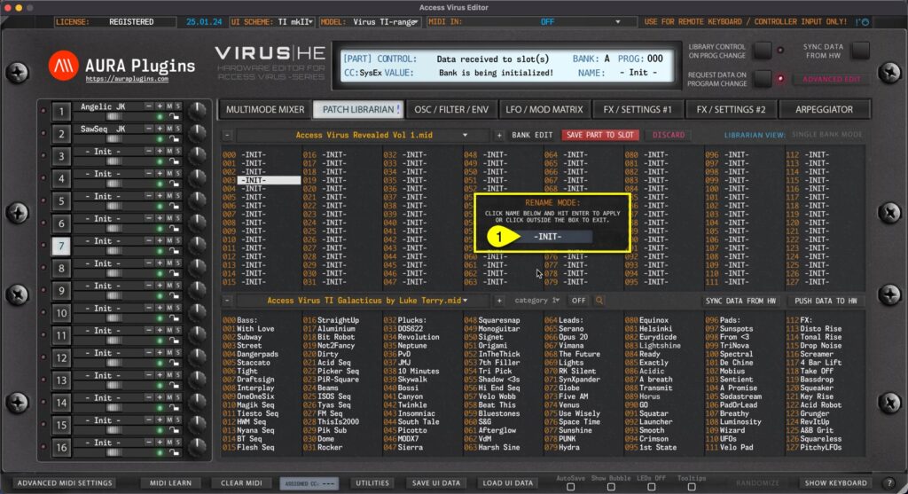 access virus editor rename entities