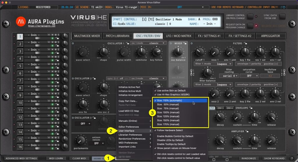 access virus editor set ui defaults