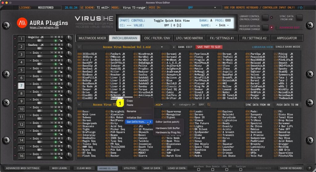 access virus editor librariran edit menus - right click