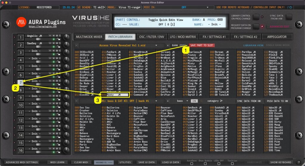access virus editor save part to slot