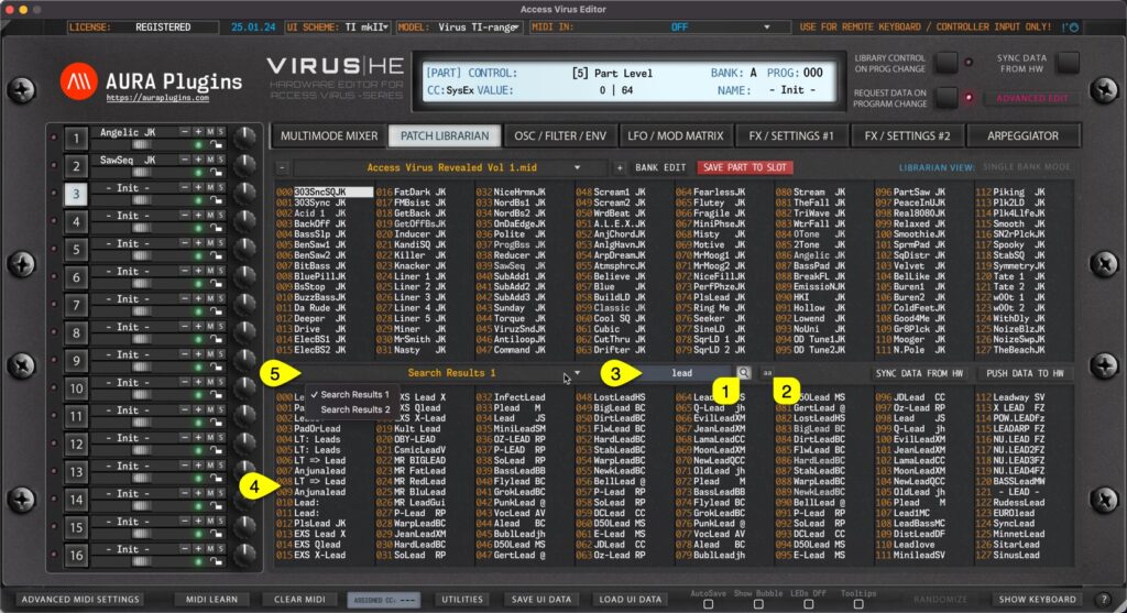 access virus editor search filter toggles