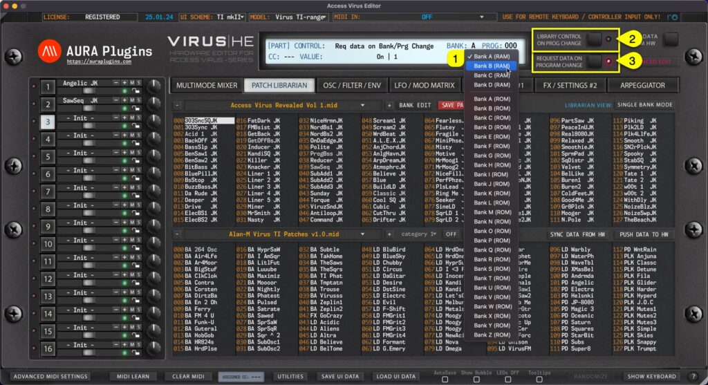 access virus editor sending data to hardware via bank menu access virus editor sending data to hardware via bank menu