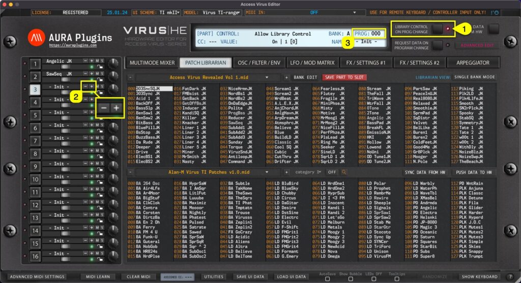 access virus editor sending data to hardware with program - / + buttons access virus editor sending data to hardware with program - / + buttons
