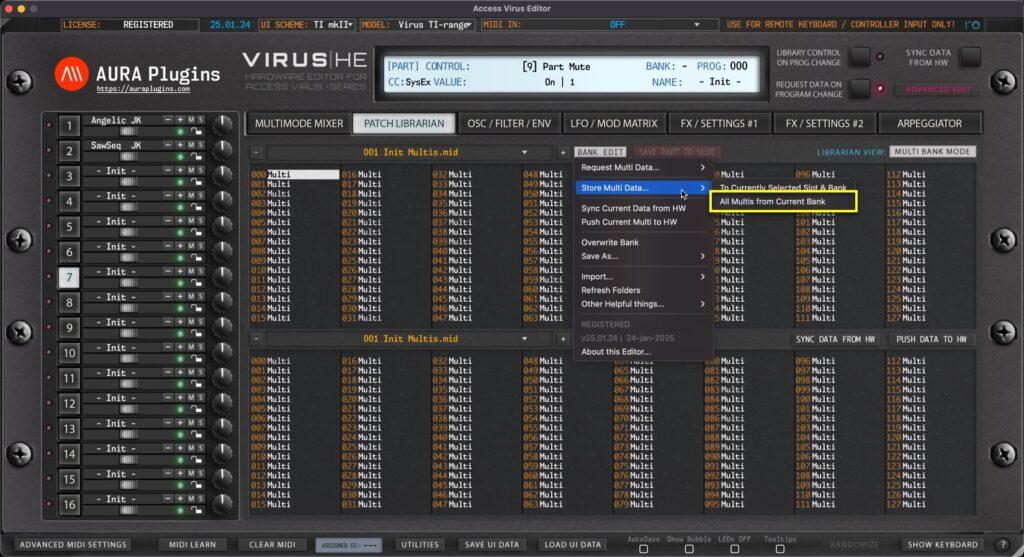 access virus editor store multi data to hardware