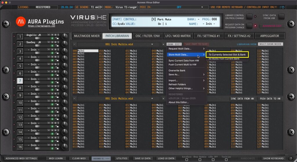 access virus editor store multi data to selected slot