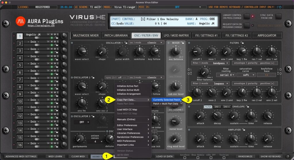 access virus editor copy part data via utilities menu