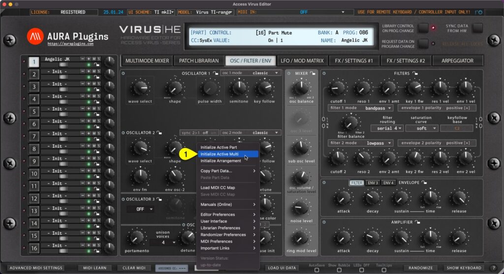 access virus editor utilities menu initialize active multi