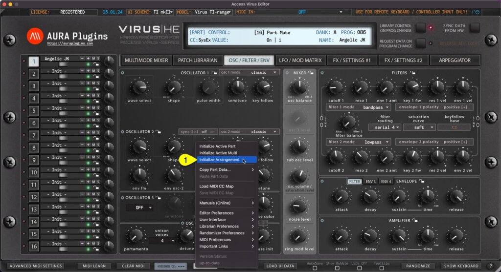 access virus editor utilities menu initialize arrangement
