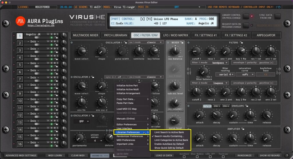 access virus editor utilities menu librarian preferences