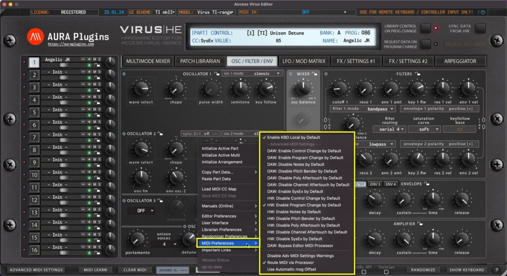 access virus editor utilities midi preferences
