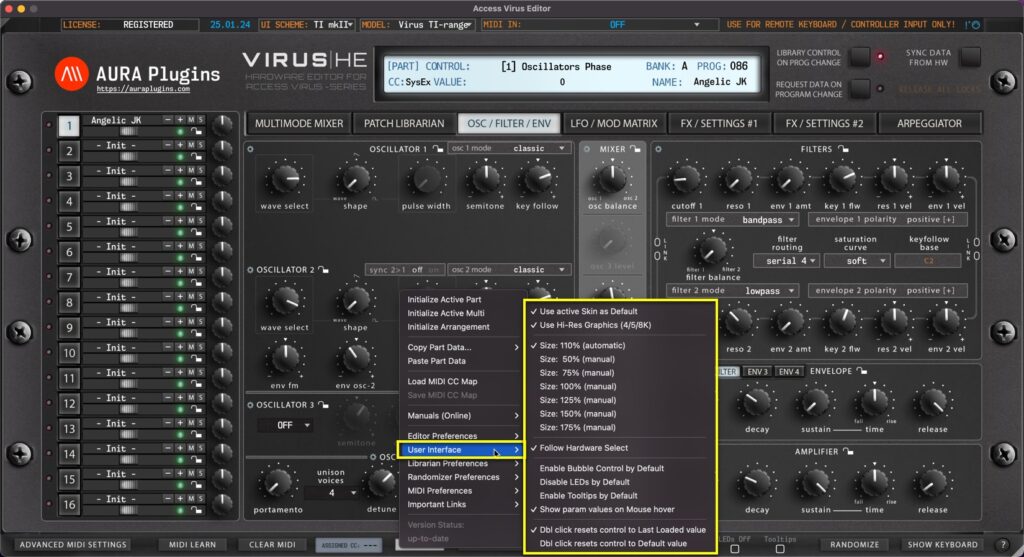 access virus editor utilities user interface