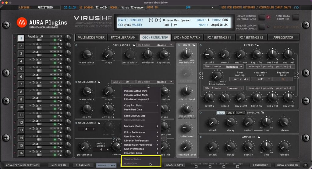 access virus editor utilities version status